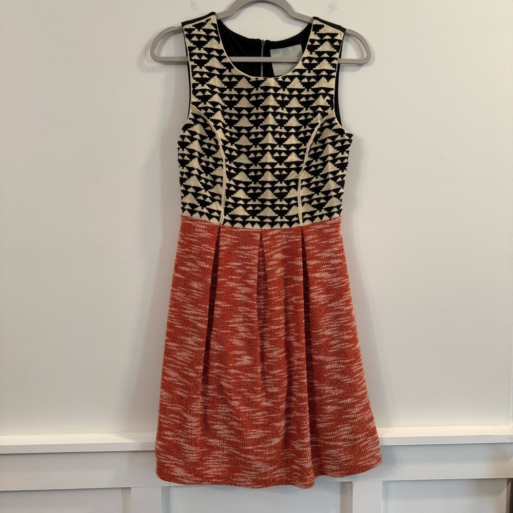 Maeve Black & Cream Patterned Bodice with Rust Orange Skirt Mini Dress